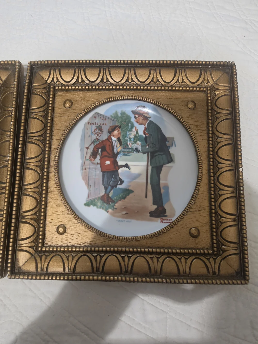 Norman Rockwell Vintage Plates Framed With Gold Plate Holders